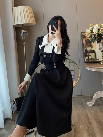 French retro small fragrance square collar dress women's 2023 autumn new Hepburn style high-level high-waisted dress