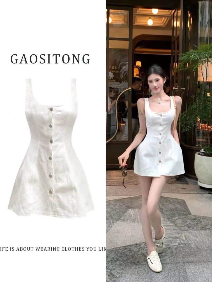 GAOSITONG Women's Summer 2026 French-style Square-neck Sleeveless A-line Mini Dress with Diamond Pattern – Slim-fitting & Flattering