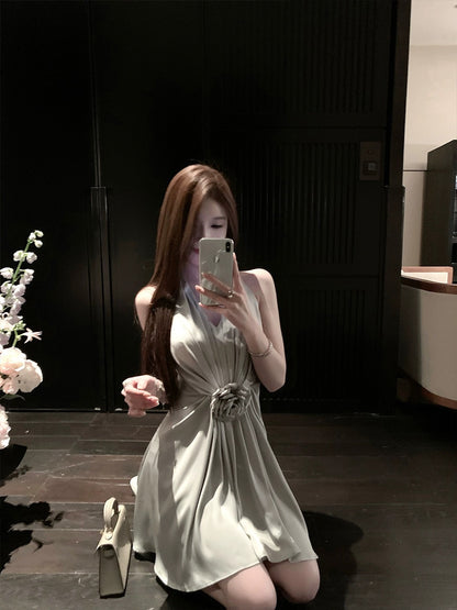 FairyJiang 2024 new style temperament V-neck sleeveless halter neck satin dress short pleated waist skirt