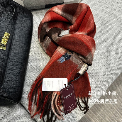 UK limited edition bear 100% Australian wool scarf retro British style men and women couple plaid thick winter