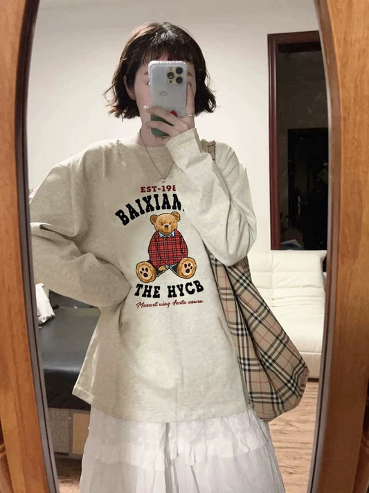 100% cotton American retro Hong Kong style chic straight shoulder long-sleeved T-shirt women's loose lazy niche design top