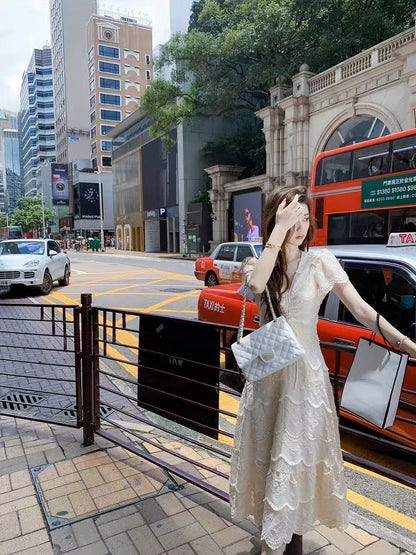 Fish Rabbit Rabbit V-neck Dress Women Summer 2023 New Tea Break Hollow Folds Drawstring Slim Slim