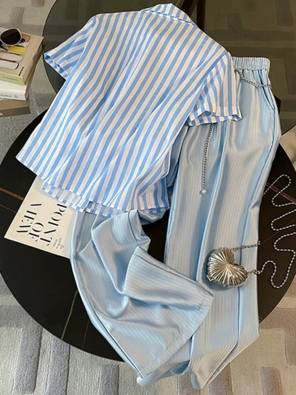 High-end fashion temperament short-sleeved casual sports suit for women summer 2023 new blue and white striped wide-leg pants two-piece set