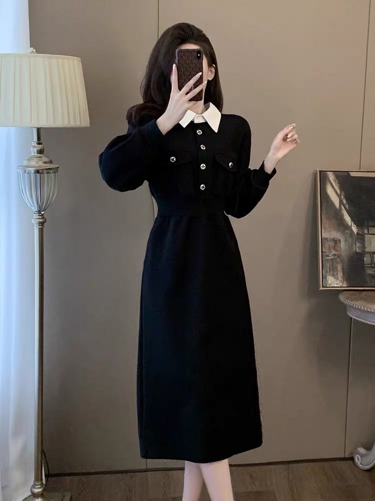 French style dress for women 2023 autumn and winter new black waist slimming POLO collar high-end sweatshirt skirt