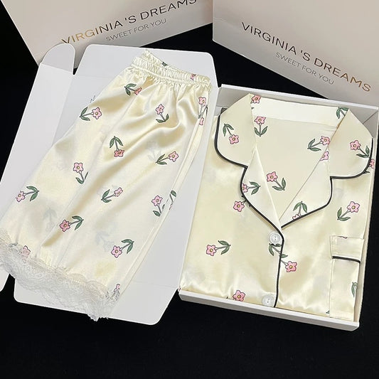 2024 new ice silk pajamas women's short-sleeved summer thin silk can be worn outside home clothes suit spring and summer
