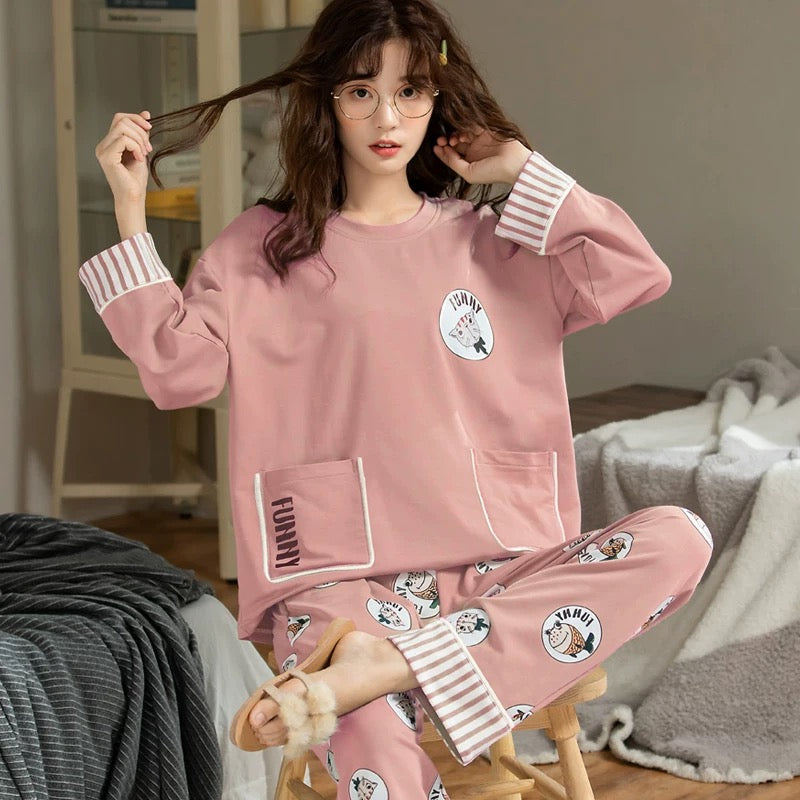 Pajamas for women Spring and Autumn 2024 new long-sleeved cotton large size summer cute autumn and winter home clothes suit