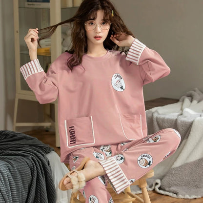 Pajamas for women Spring and Autumn 2024 new long-sleeved cotton large size summer cute autumn and winter home clothes suit