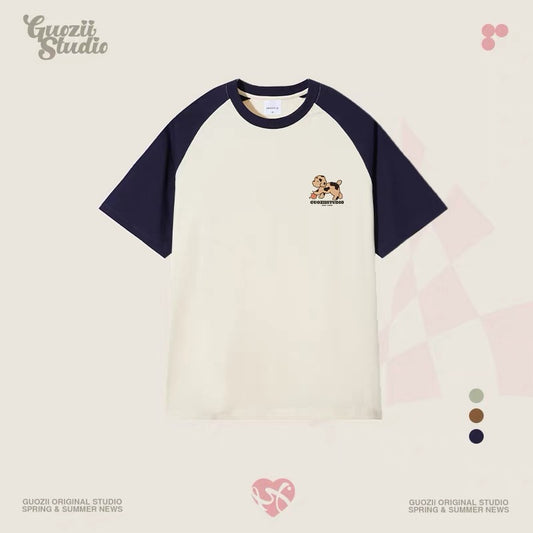 Guozii cute puppy raglan short-sleeved T-shirt female original design small oversize pure cotton top summer