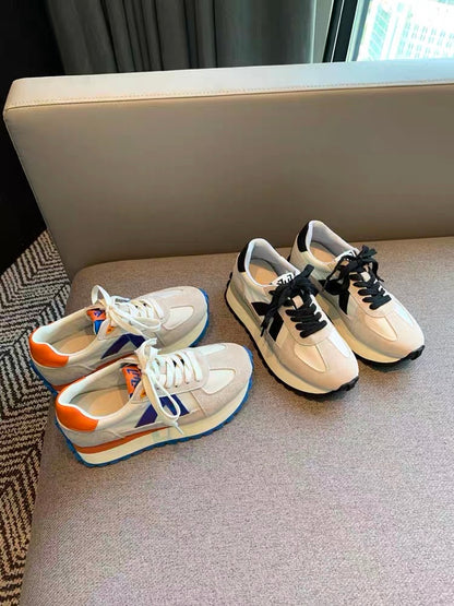 Sports shoes for women 2023 new Korean style lace-up versatile color-blocked genuine leather comfortable breathable thick-soled casual running shoes