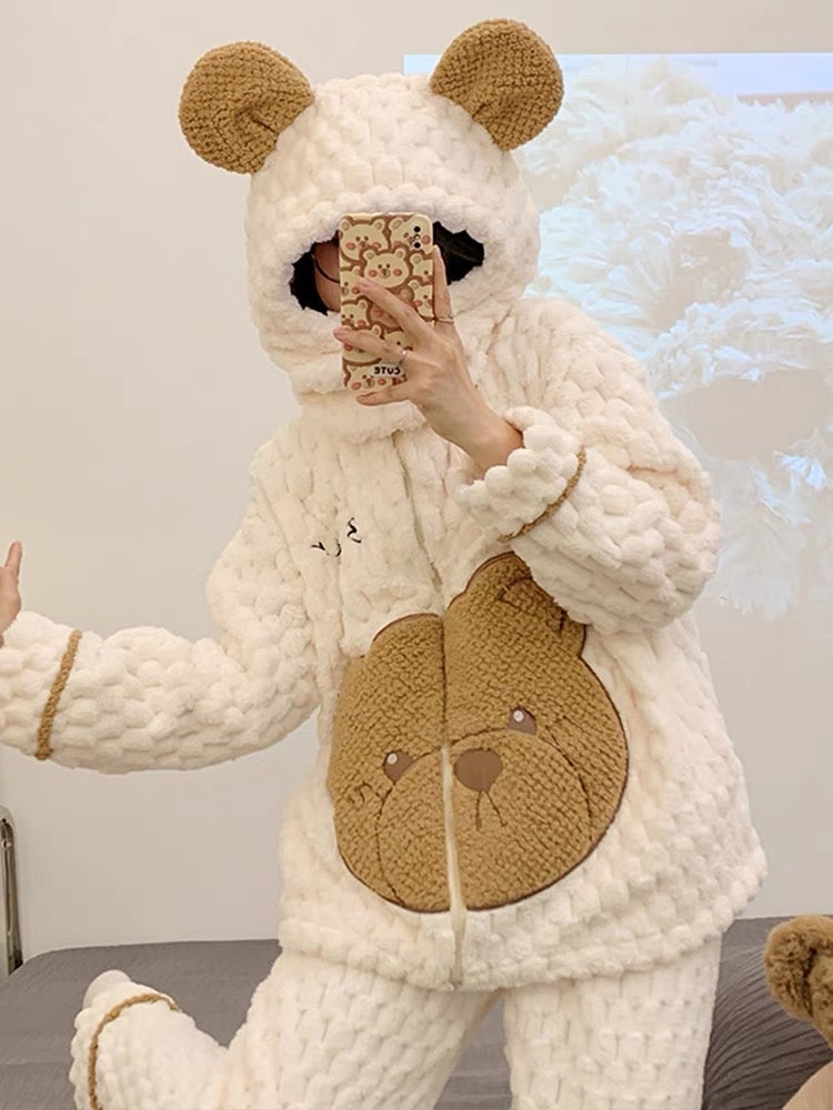 Coral velvet pajamas for women, winter cartoon bear with hood, autumn and winter velvet thickened zipper home clothes that can be worn outside