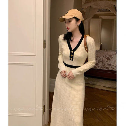 French knitted dress with coat, waist design, high-end sweater, long skirt, women's autumn and winter clothing 2023 new style