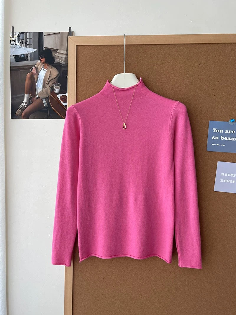 Retro soft and sticky cashmere rolled-edge turtleneck knit sweater for women, autumn and winter, gentle and versatile layering base layer top.