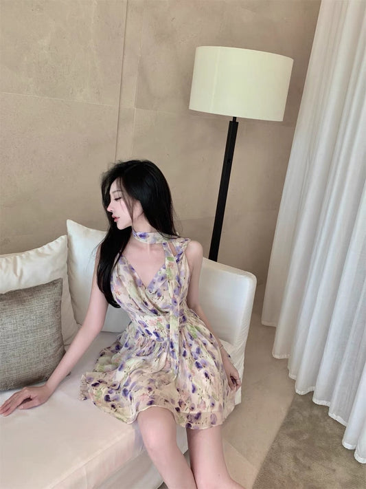 Hotdog hot dog is very spicy [Loving lilac] purple floral dress women's summer strapless sleeveless (D058)