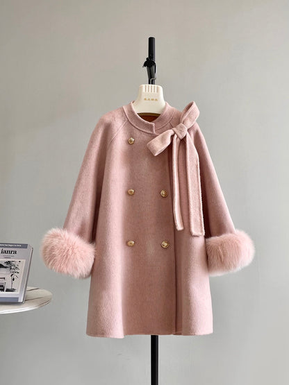 "Girl's Promise" Cape woolen coat female gold button bow double-sided cashmere coat A482