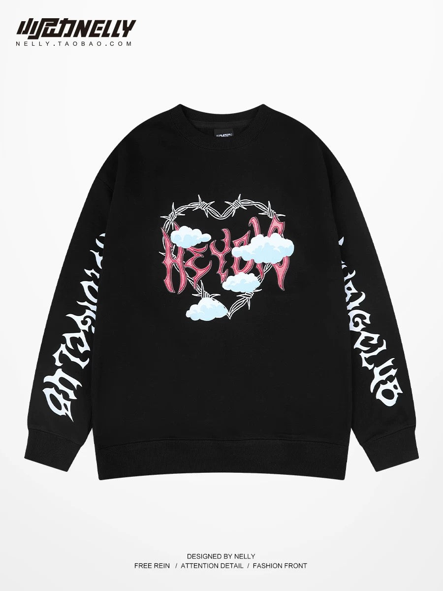 Love letter printed heavyweight sweatshirt autumn and winter trendy brand plus velvet round neck American retro youth jacket for men and women