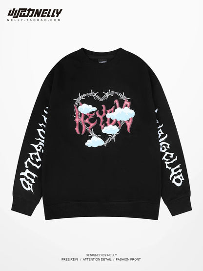 Love letter printed heavyweight sweatshirt autumn and winter trendy brand plus velvet round neck American retro youth jacket for men and women