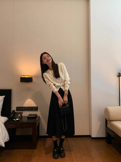 pusumede black knitted cardigan jacket for women with slim design and niche retro round neck short top