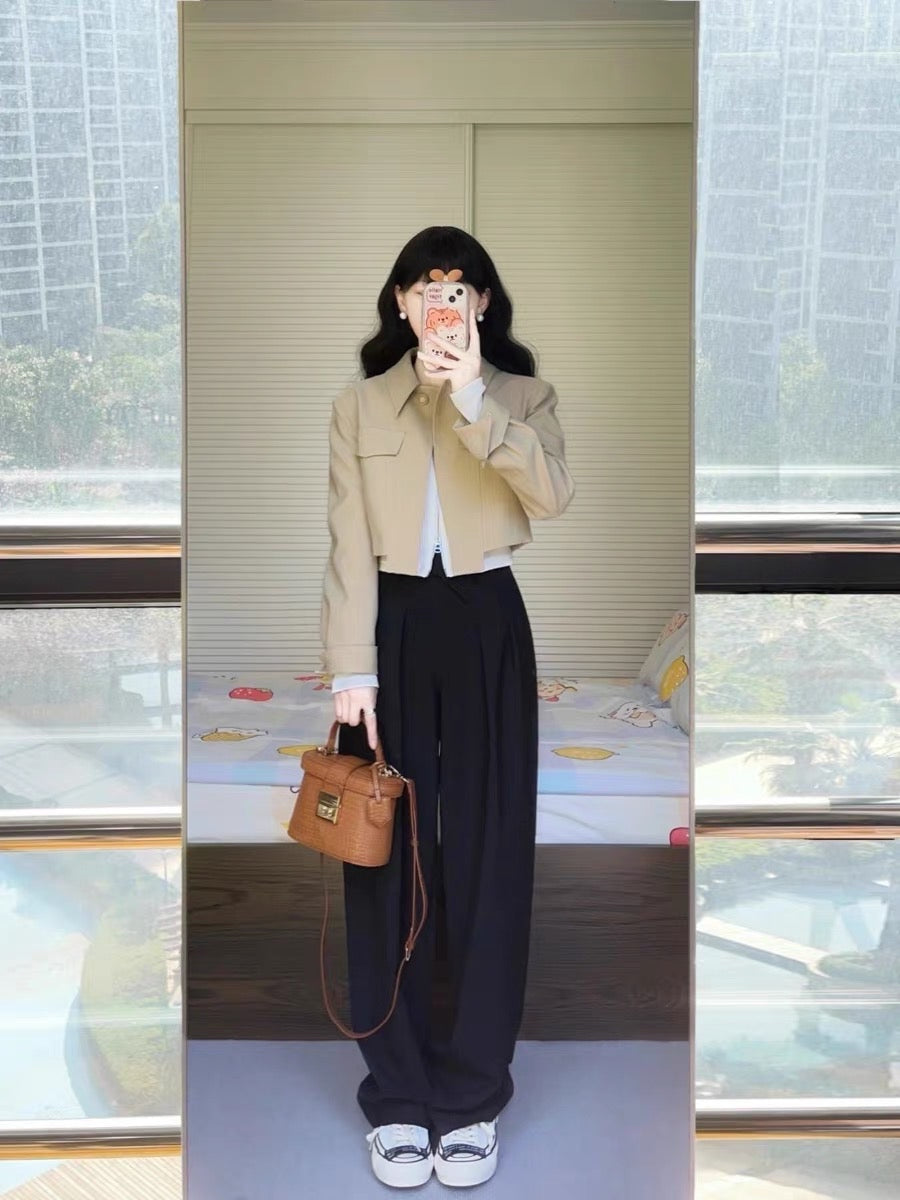 Frosty high-end suit autumn fashion foreign style small fragrance short jacket coat wide-leg pants two-piece set for women