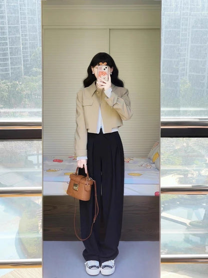 Frosty high-end suit autumn fashion foreign style small fragrance short jacket coat wide-leg pants two-piece set for women