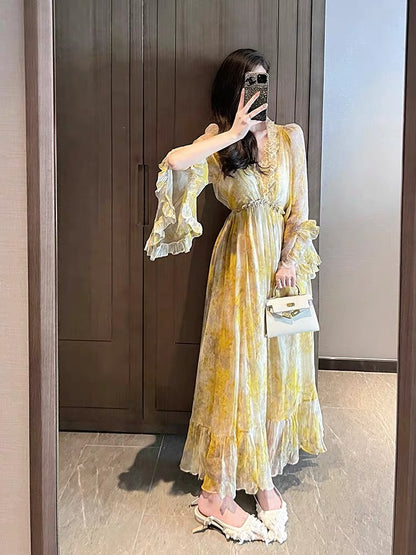 Yellow floral seaside vacation long-sleeved dress for women summer long skirt French chiffon high-end skirt fairy skirt