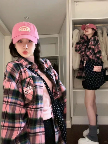 American retro Vibe style long-sleeved plaid shirt for women in spring and autumn, niche design, sweet and cool high-end shirt jacket
