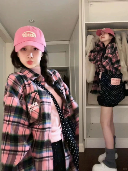American retro Vibe style long-sleeved plaid shirt for women in spring and autumn, niche design, sweet and cool high-end shirt jacket