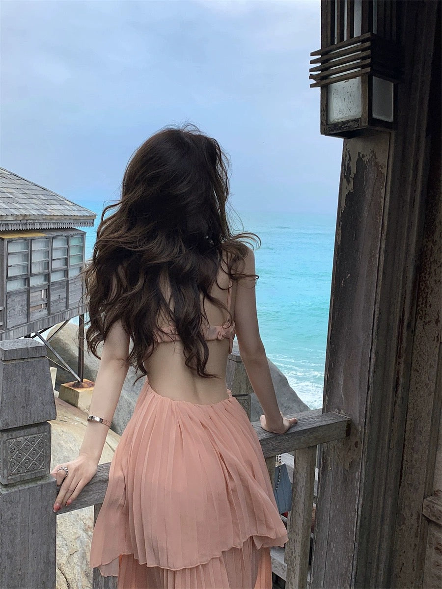 French sexy pure desire style irregular waist-revealing suspender dress female Sanya seaside holiday photo long dress