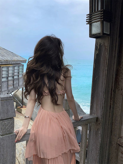 French sexy pure desire style irregular waist-revealing suspender dress female Sanya seaside holiday photo long dress