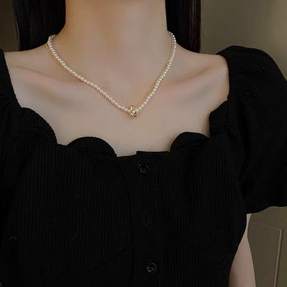 Real gold electroplating love pearl necklace French retro sweet double clavicle chain net red all-match temperament necklace female