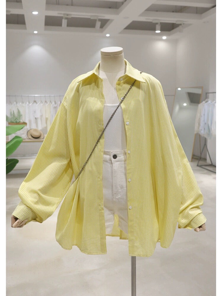 Back hollow bow tie design 2024 summer loose medium and long fine plaid thin long-sleeved shirt for women