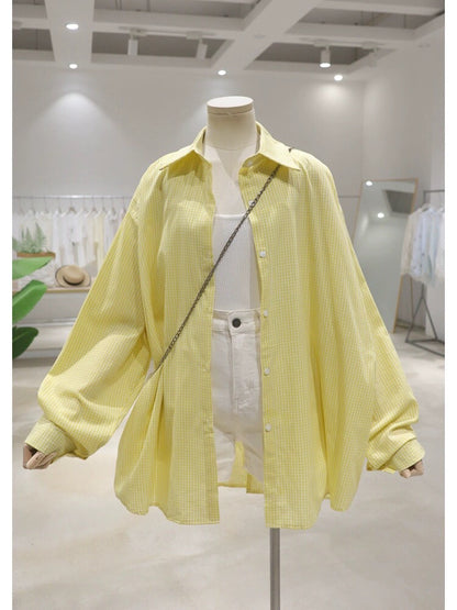 Back hollow bow tie design 2024 summer loose medium and long fine plaid thin long-sleeved shirt for women