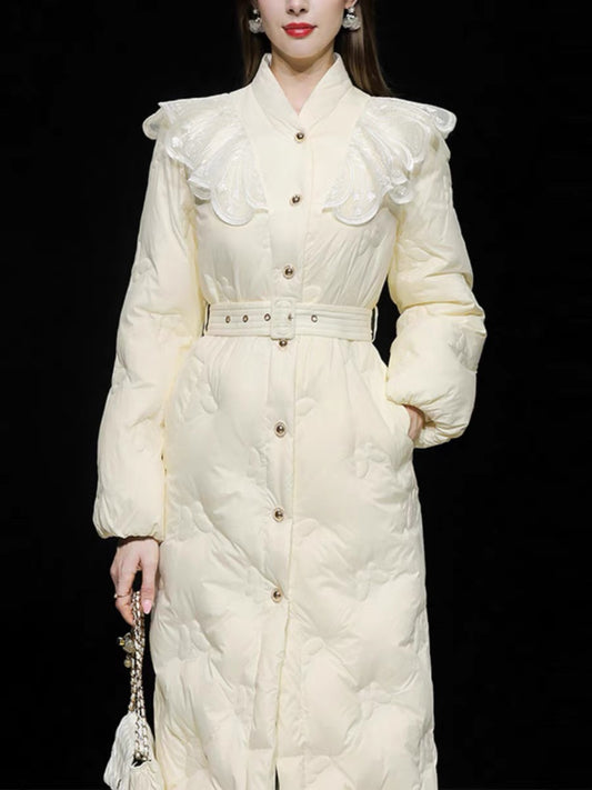 2023 new winter fashion collar ruffled waist white duck down butterfly embroidered down jacket