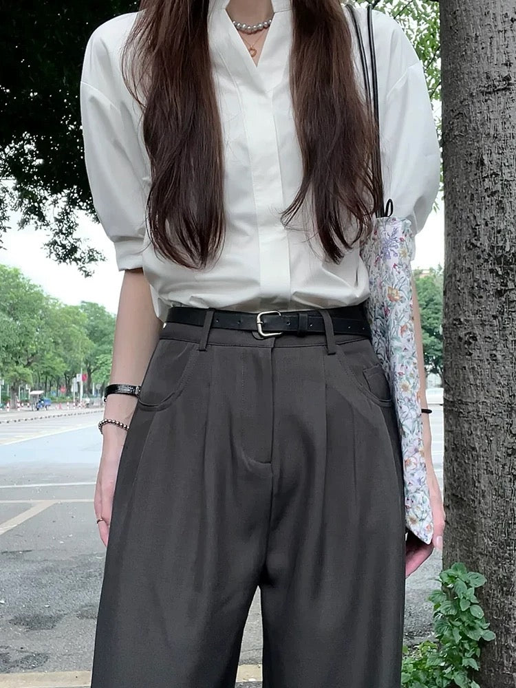 French high-end white short-sleeved shirt for women in summer 2024 new sun-proof shirt for commuting temperament v-neck top
