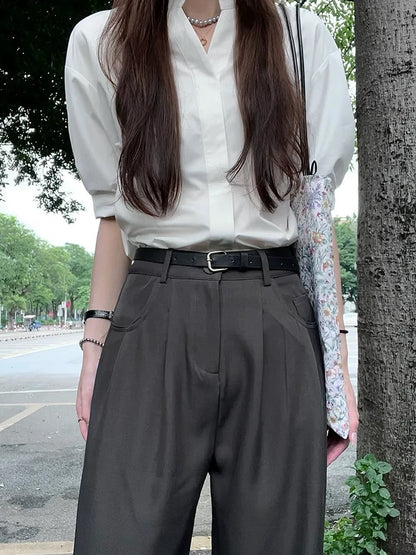 French high-end white short-sleeved shirt for women in summer 2024 new sun-proof shirt for commuting temperament v-neck top