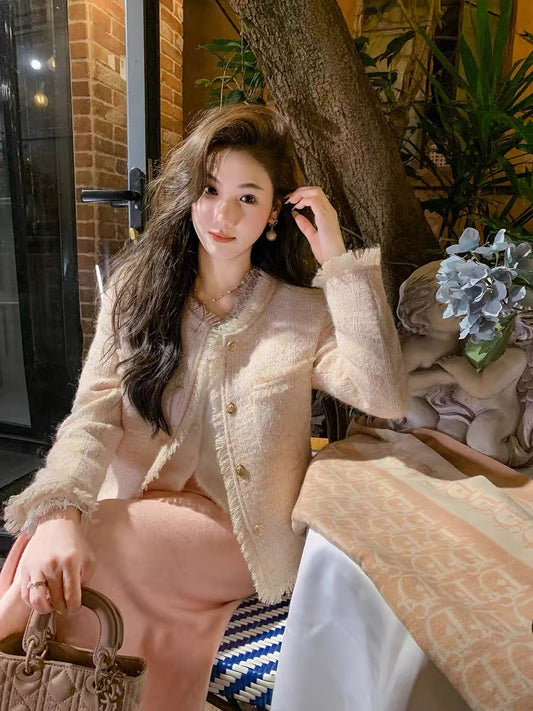 Fish Rabbit's Rabbit Small Fragrance Jacket Women's Winter 2023 New Style Fashionable Tassel Celebrity Pink Top