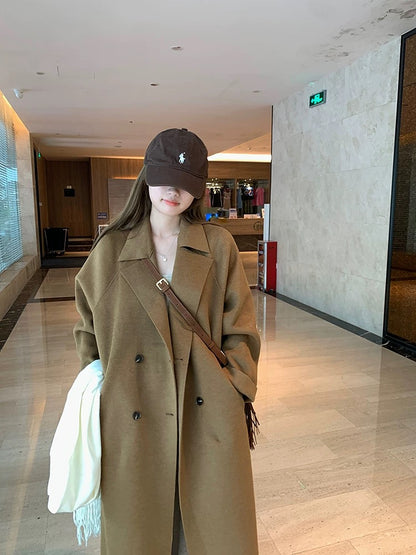 Wu 77 temperament and high-end double-sided woolen long coat for women autumn and winter Korean style loose and slim double-breasted woolen coat