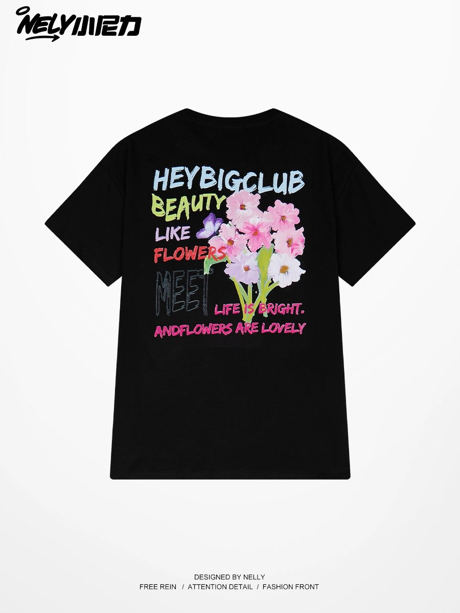 Nely American floral letter print short-sleeved T-shirt for men and women summer loose versatile casual couple tops