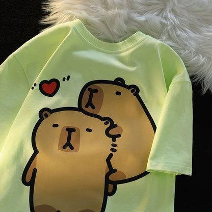 Jwneed Co-branded cartoon trendy brand short-sleeved T-shirt dopamine women's new summer couple wear pure cotton sweet neutral style top