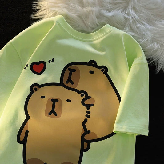 Jwneed Co-branded cartoon trendy brand short-sleeved T-shirt dopamine women's new summer couple wear pure cotton sweet neutral style top