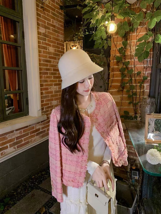 Fish Rabbit's Rabbit Small Fragrance Jacket Women's French Socialite Light Mature 2023 New Autumn and Winter Pink Plaid Top