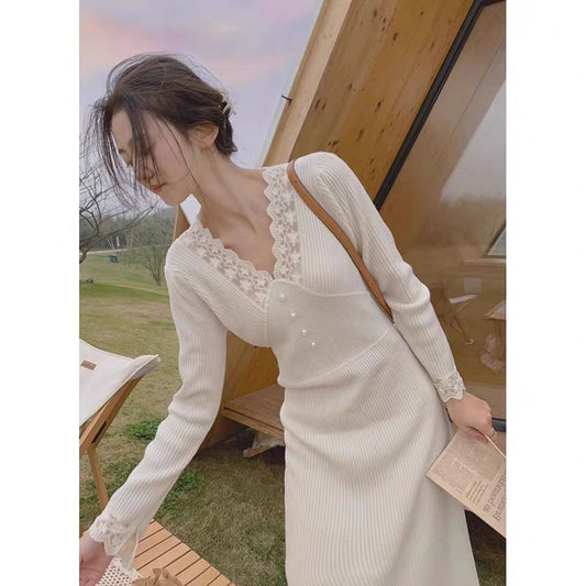 European station's new autumn style elegant lady lace splicing stunning and beautiful long skirt with intellectual dress underneath