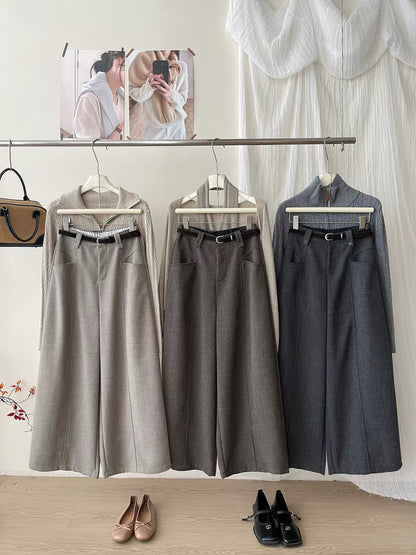 Women's Japanese/Korean-style retro "Old Money" aesthetic wool-blend wide-leg trousers—a chic, relaxed, and stylish straight-leg casual pant for autumn and winter.