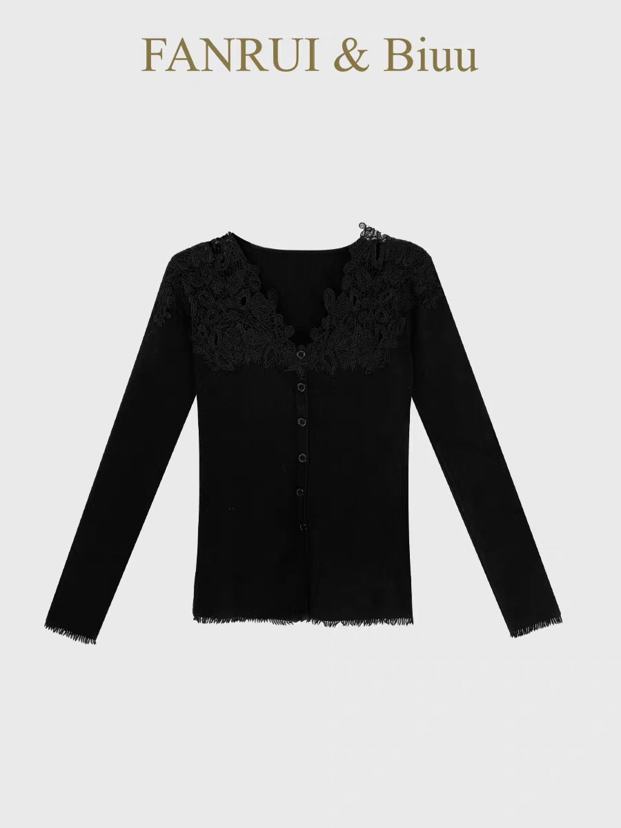 [Beibei biuu] Fanrui 2026 New Collection: Stylish Long-Sleeve Lace Top with Appliqués and Raw Edges (B23344)