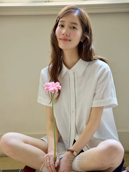 Nov elist - French-style relaxed embroidered top, fold-over short-sleeved white shirt, new summer style for women.