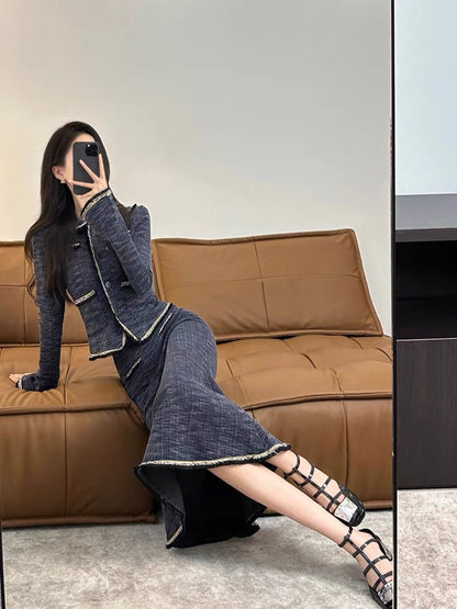Xiaoxiangfeng suit 2023 new popular autumn and winter high-end temperament French mid-length fishtail skirt two-piece set (S5557)