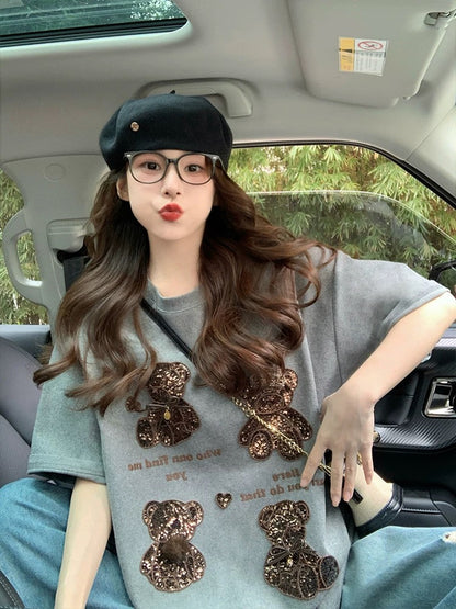 Gray Heavy Industry Bear Short-sleeved T-shirt Women 2025 New Spring and Summer Design Sense of Western Style Loose European Goods Large Edition Top