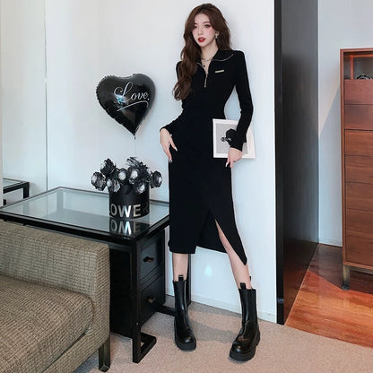Black design stand-up collar slit slim dress female autumn and winter sweet hottie mid-length polo collar bottoming skirt