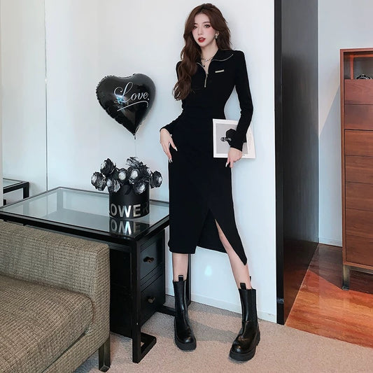 Black design stand-up collar slit slim dress female autumn and winter sweet hottie mid-length polo collar bottoming skirt