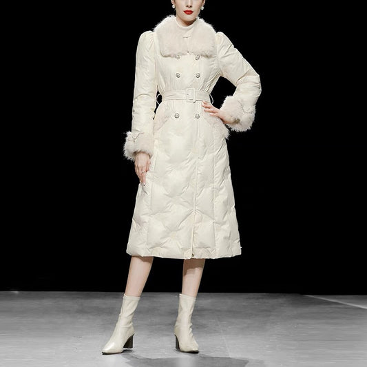 Winter 2023 new women's off-white fur collar mid-length white duck down jacket thickened waist and knee-length