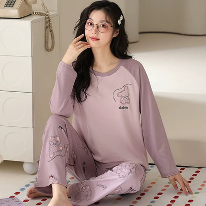 Pajamas for women Spring and Autumn 2024 new long-sleeved cotton large size summer cute autumn and winter home clothes suit